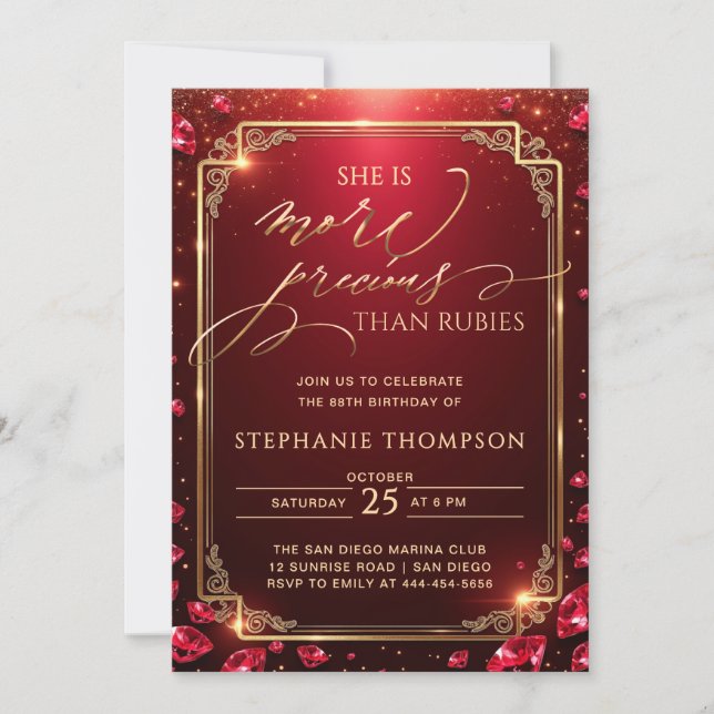 Invitation Elegant Ruby Red Gold Deco Frame 80th Birthday (Devant)