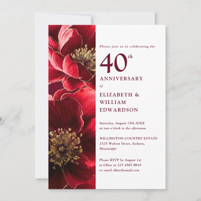 Invitation Élégant Ruby Rouge et or Floral 40e anniversaire (Devant)