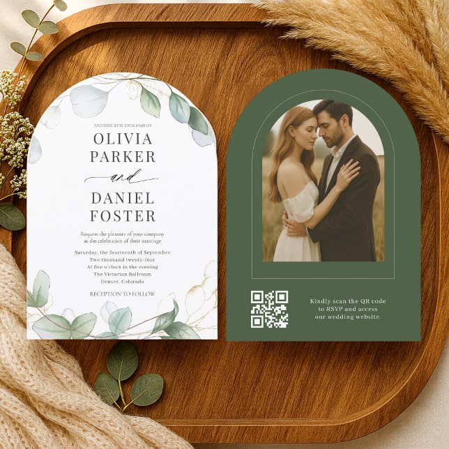 Invitation Elegant Rustic Eucalyptus QR Code Photo Wedding (Créateur téléchargé)