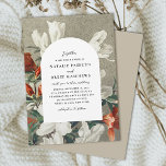 Invitation Elegant Rustic Florals Terracotta Wedding<br><div class="desc">This beautiful, elegant wedding invitation features a vintage painting of apple blossom flowers in terracotta orange, white, and green over a rustic canvas / burlap background in beige. Text stands out against a white arch shape. The back is a light beige, but the color can be easily customized, if desired....</div>