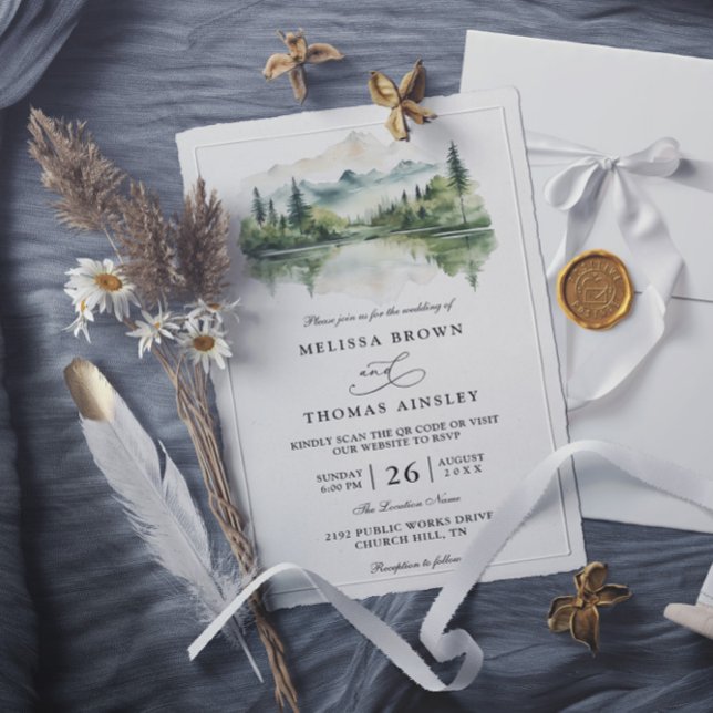 Invitation Elegant Rustic Mountain Budget QR Code Wedding (Créateur téléchargé)