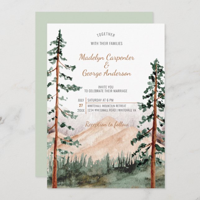 Invitation Elégant Rustic Mountains Arbres Paysage Mariage (Devant / Derrière)