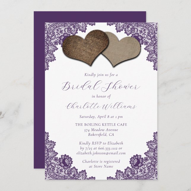 Invitation Elegant Rustic Purple Floral Lace Bridal Shower (Devant / Derrière)