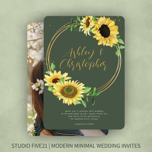 Invitation Elégant Rustic Sunflower Moss Mariage photo vert (Créateur téléchargé)