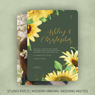 Invitation Elégant Rustic Sunflower Moss Mariage photo vert
