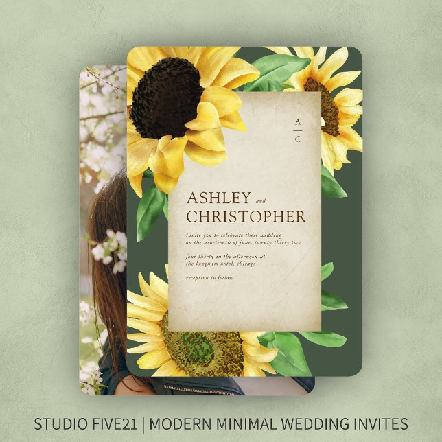 Invitation Elégant Rustic Sunflower Moss Mariage photo vert (Créateur téléchargé)