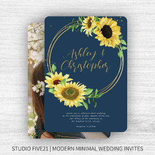 Invitation Elégant Rustic Sunflower Navy Mariage photo bleu