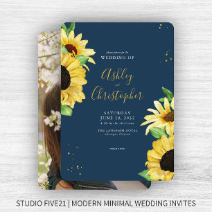 Invitation Elégant Rustic Sunflower Navy Mariage photo bleu