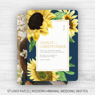Invitation Elégant Rustic Sunflower Navy Mariage photo bleu