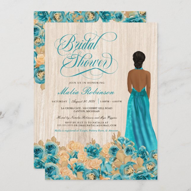 Invitation Elégant Rustic Turquoise bleu Rose et Fête des mar (Devant / Derrière)
