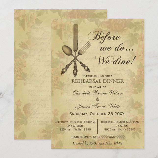 Invitation Elégant Rustic Vintage de répétition dîner invitat (Devant / Derrière)