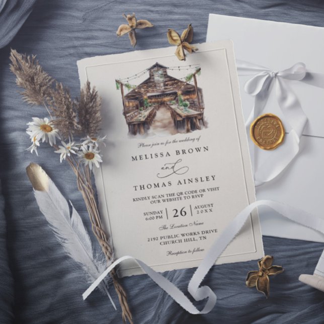 Invitation Elegant Rustic Watercolor Country QR Code Wedding  (Créateur téléchargé)