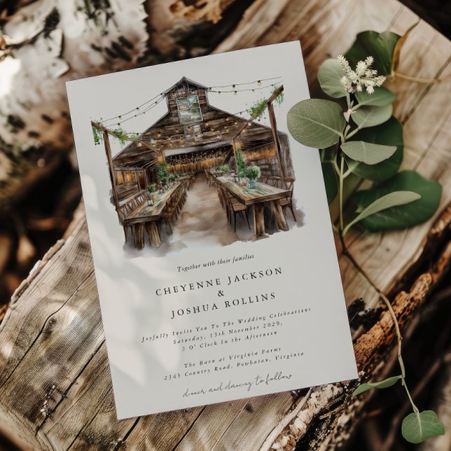 Invitation Elégant rustique aquarelle Pays Mariage de grange (Elegant Rustic Barn Wedding Invitation )