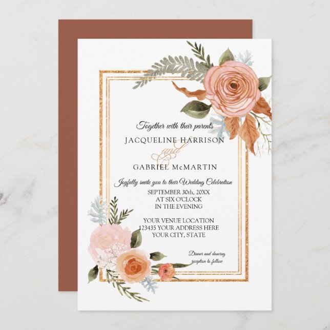 Invitation Élégant Rustique Automne Floral Terracotta Mariage (Devant / Derrière)
