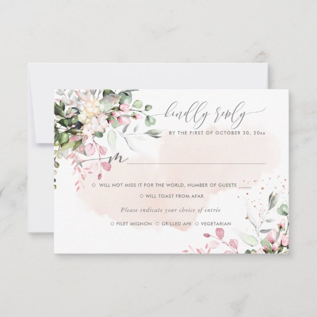 Invitation Elégant Rustique Blush Eucalyptus Rose, Repas RSVP (Devant)