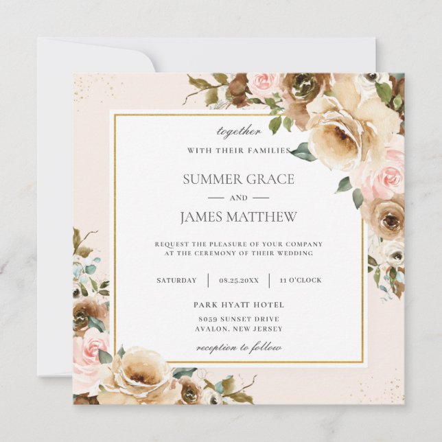 Invitation Elégant Rustique Brown Crème Blush Floral Vert (Devant)