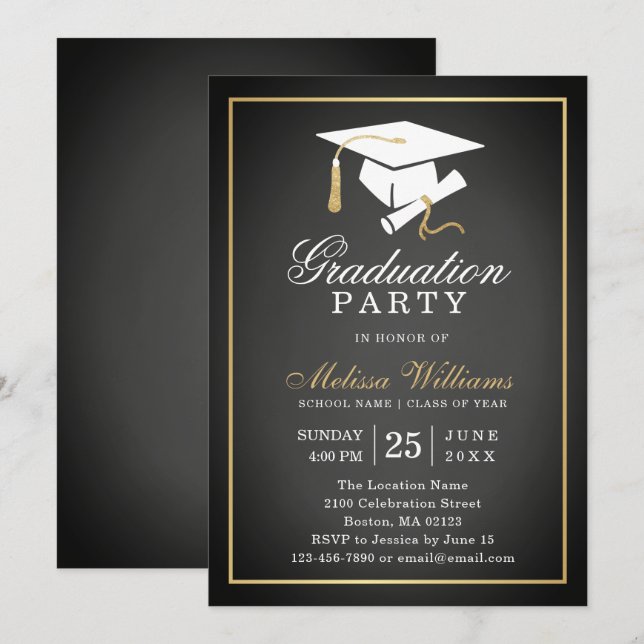 Invitation Elégant Rustique Chalkboard Black Gold Graduation (Devant / Derrière)