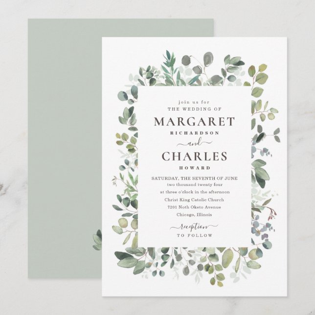 Invitation Elégant Rustique Eucalyptus Sage Green Mariage Inv (Devant / Derrière)