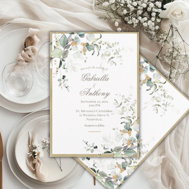 Invitation Élégant Rustique Feuilles Verdure Or Mariage  (Créateur téléchargé)