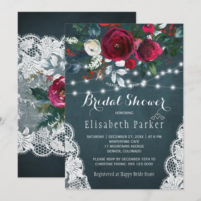 Invitation Elégant rustique hiver floral dentelle nuptiale do (Devant / Derrière)