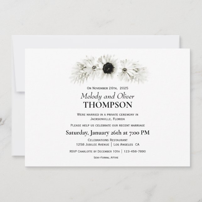 Invitation Élégant Rustique Mariage Fleuris Noir et Blanc Pos (Devant)