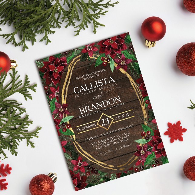 Invitation Élégant Rustique Poinsettia Mariage en bois floral (Créateur téléchargé)