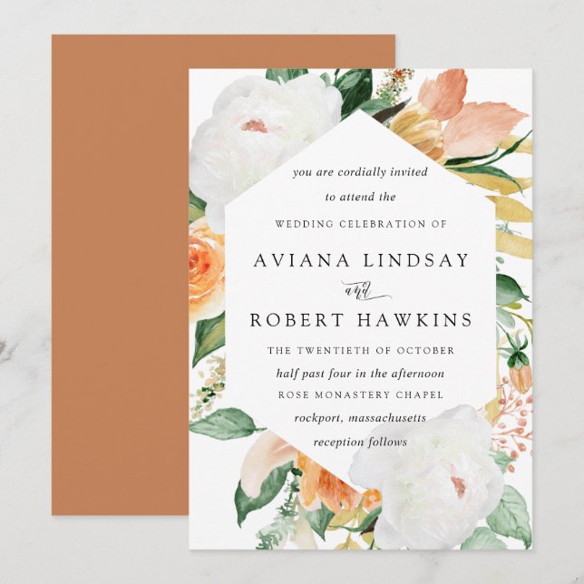 Invitation Élégant Rustique Rose d'automne Peony Mariage flor (Devant / Derrière)