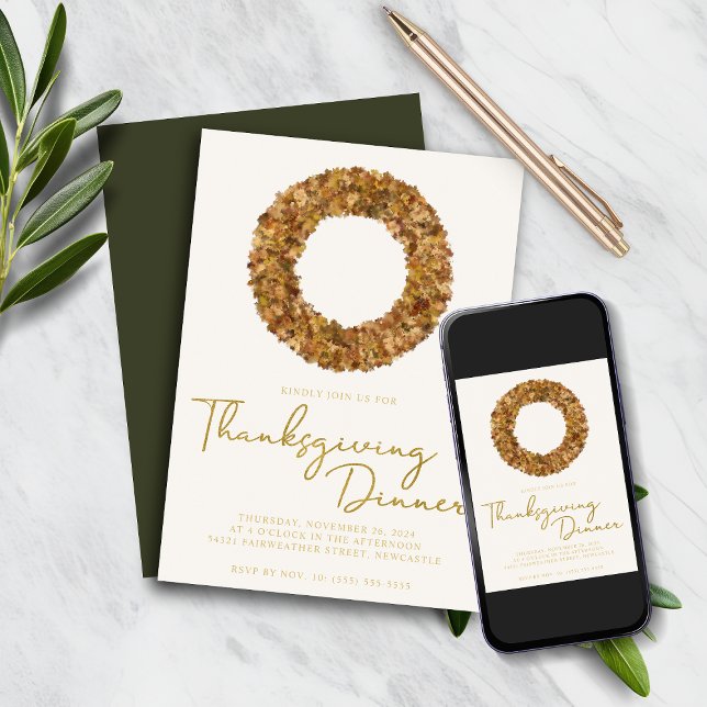 Invitation Élégant Rustique Thanksgiving Fall Wreath Gold Foi (Elegant Rustic Thanksgiving Fall Wreath Gold Foil Invitation)