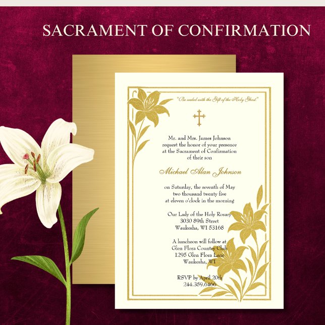 Invitation Élégant sacrement de la confirmation Lys d'or (Créateur téléchargé)