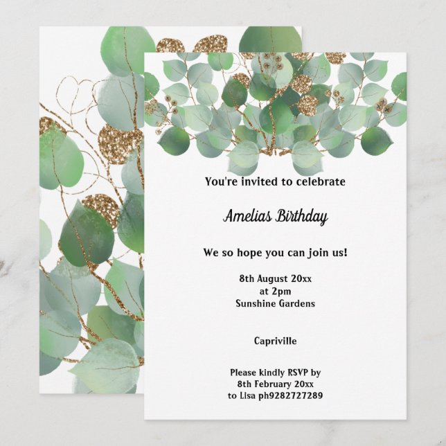 INVITATION ÉLÉGANT SAGE EUCALYPTUS ANNIVERSAIRE (Devant / Derrière)