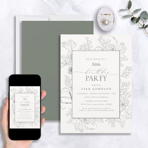 Invitation Elégant Sage Green 50e anniversaire Floral Line Ar
