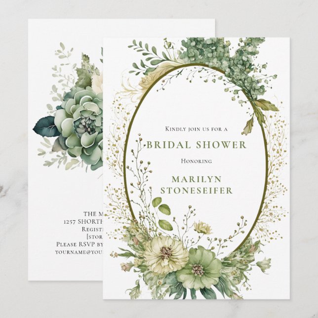 Invitation Elegant Sage Green Botanical Bridal Shower | (Devant / Derrière)