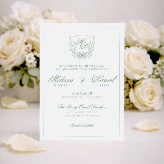 Invitation Elegant Sage Green Botanical Crest Wedding (Créateur téléchargé)