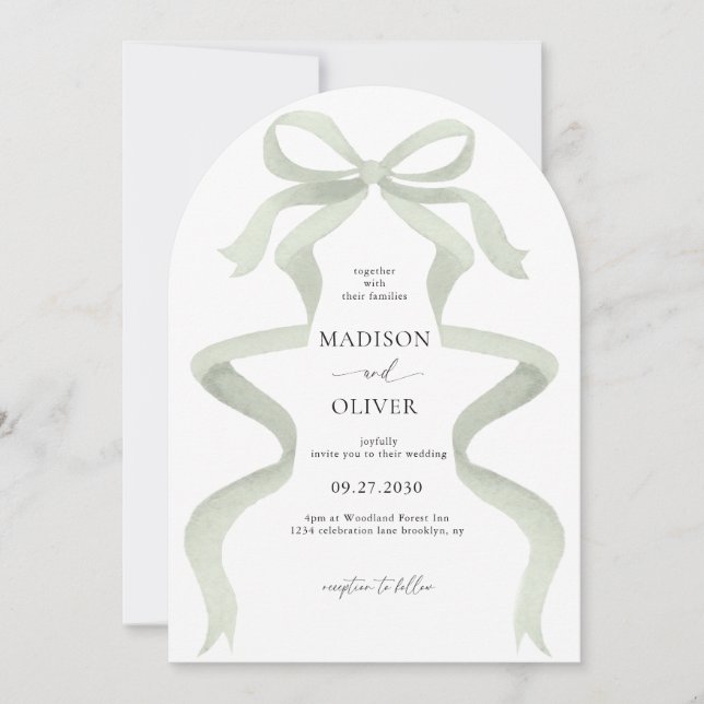 Invitation Elegant Sage Green Bow Monogram Arch Wedding (Devant)