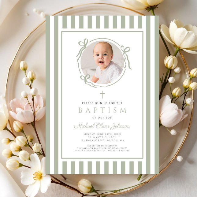 Invitation Elegant Sage Green Bow Photo Boy Baptism (Elegant Sage Green Bow Photo Boy Baptism Invitation)