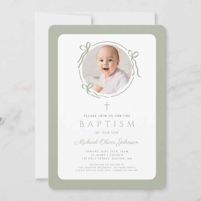 Invitation Elegant Sage Green Bow Photo Boy Baptism (Devant)