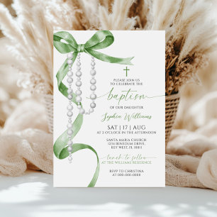 Invitation Élégant Sage Green Bow & Rosary Baptisme