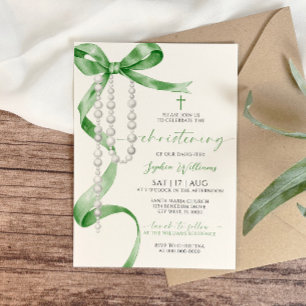 Invitation Elégant Sage Green Bow & Rosary Christening