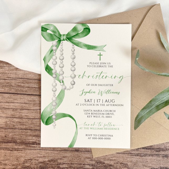 Invitation Elégant Sage Green Bow & Rosary Christening (Créateur téléchargé)