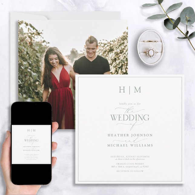 Invitation Élégant Sage Green Calligraphie Monogramme Photo (Créateur téléchargé)