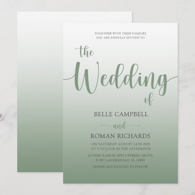 Invitation Élégant Sage Green Calligraphy Script Mariage (Devant / Derrière)