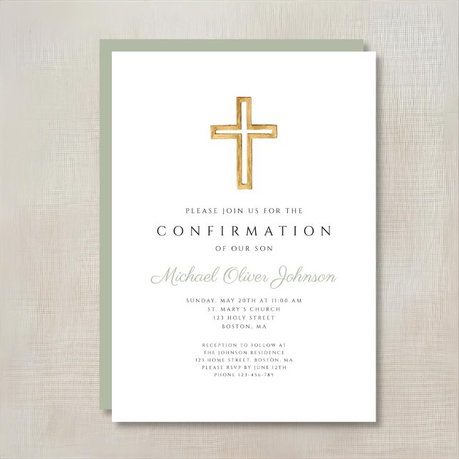 Invitation Elégant Sage Green Confirmation de croix religieus (Elegant Sage Green Religious Cross Confirmation Invitation)