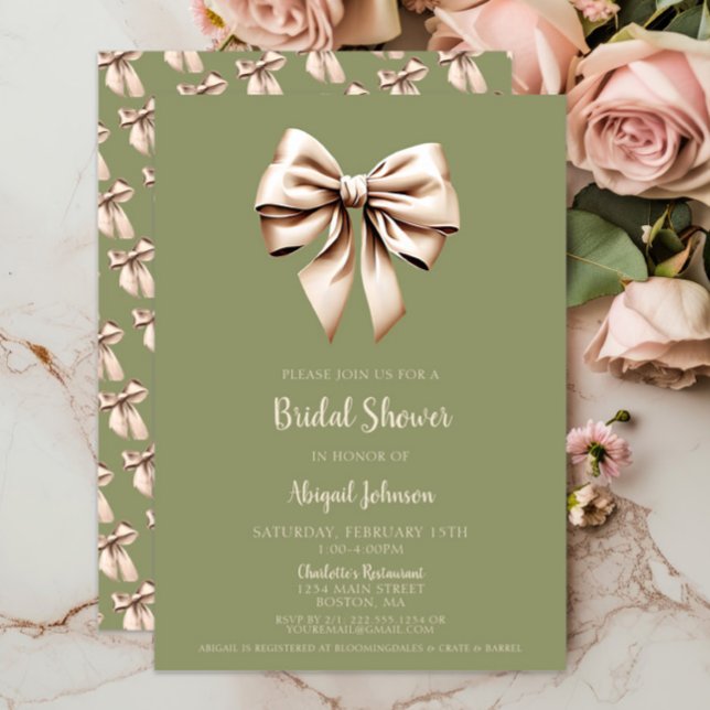 Invitation Elégant Sage Green Coquette Bow Fête des mariées (Elegant Sage Green Coquette Bow Bridal Shower Invitations, Wedding Shower, Modern, Beige Bows, Chic)