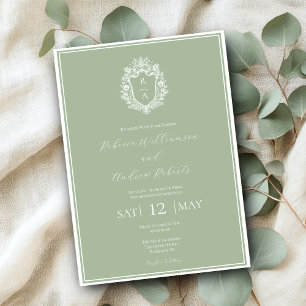 Invitation Élégant Sage Green Crest Monogram Mariage