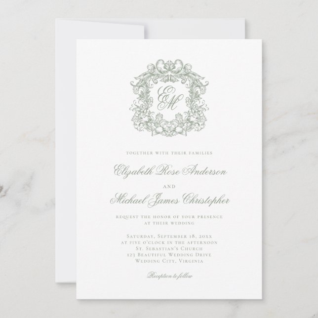 Invitation Elegant Sage Green Crest Monogram Wedding (Devant)