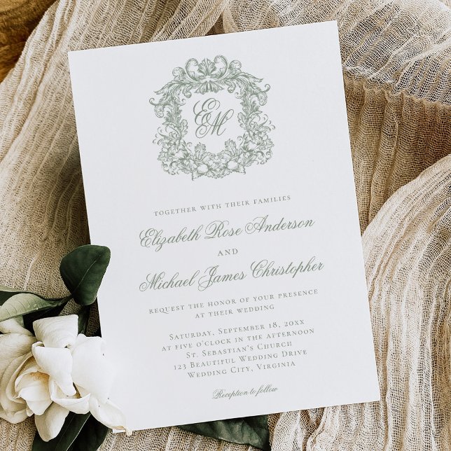 Invitation Elegant Sage Green Crest Monogram Wedding (Créateur téléchargé)