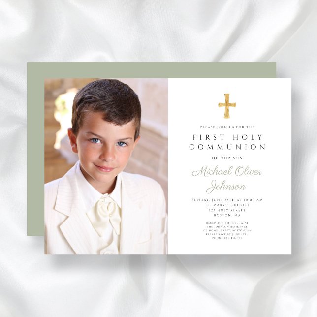 Invitation Elégant Sage Green Cross Photo Boy First Communion (Elegant Sage Green Cross Photo Boy First Communion Invitation)