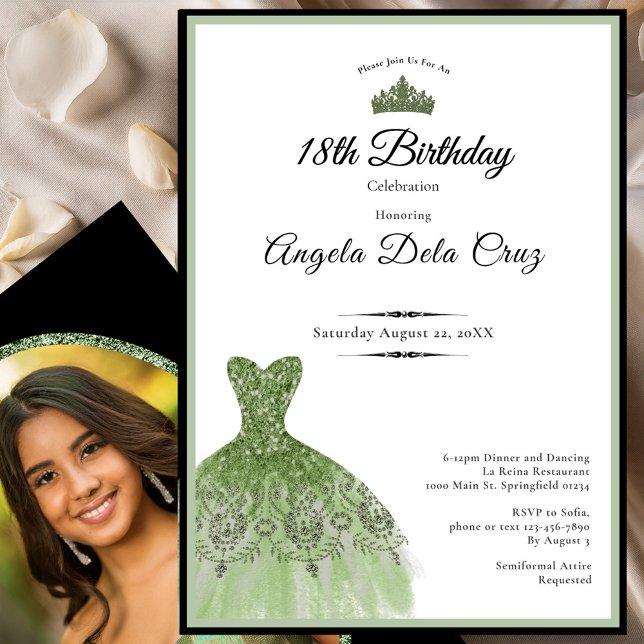 Invitation Elegant sage green dress 18th birthday debut invit (Créateur téléchargé)