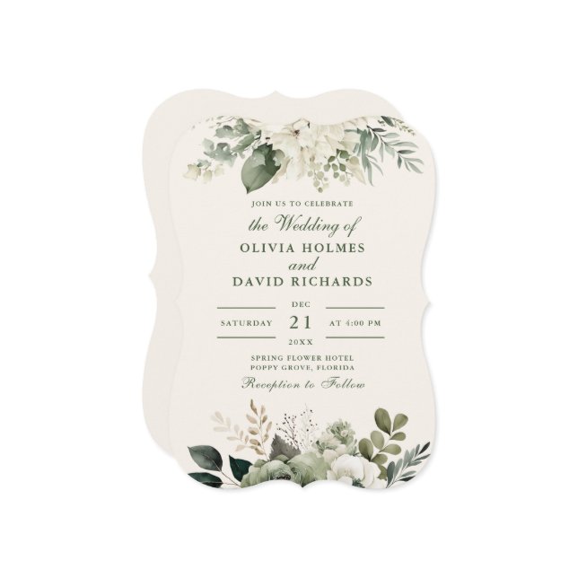 Invitation Elégant Sage Green et Fleurs d'ivoire Mariage (Devant/Arrière en situation)