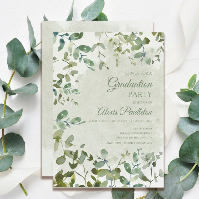 Invitation Elégant Sage Green Eucalyptus White Graduation (Créateur téléchargé)